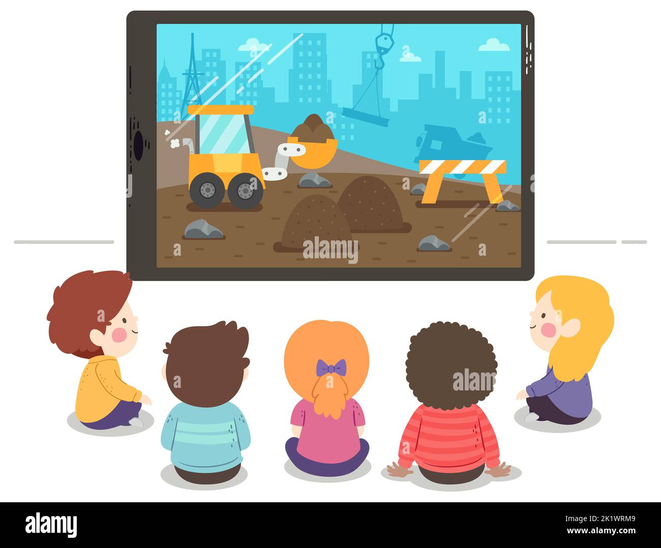 Illustrazione di bambini seduti e che guardano una storia di costruzione con un dispositivo di risposta automatico in un computer tablet Foto Stock