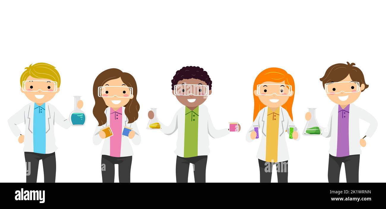 Illustrazione di Stickman Teens Guy e Girl Scientists che indossano camice da laboratorio e occhiali di sicurezza che sostengono fiasche coniche, provette, becher e piatti Foto Stock