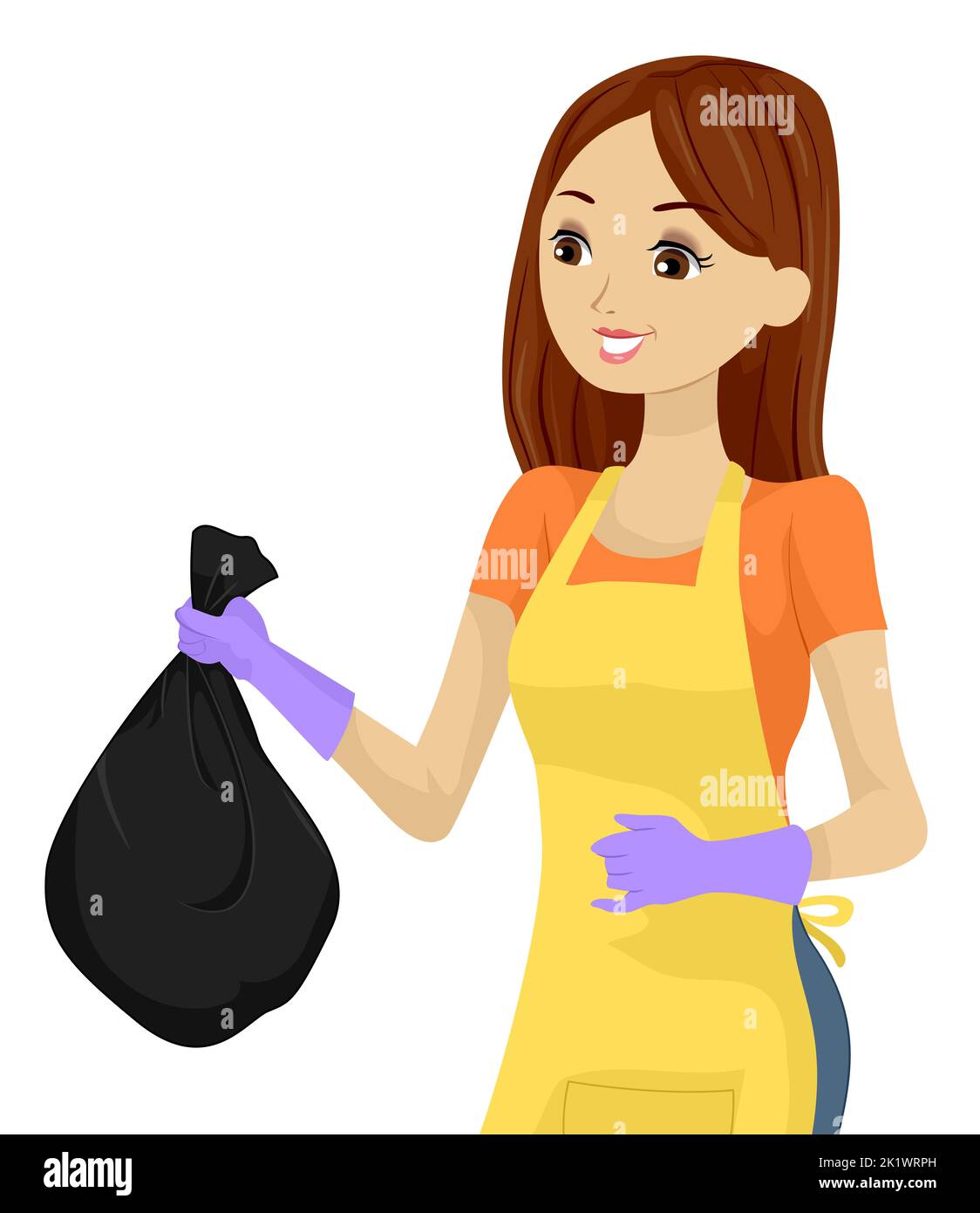 Illustrazione della ragazza teen che indossa grembiule e guanti in gomma che smaltiscono i rifiuti in una busta di plastica nera Foto Stock