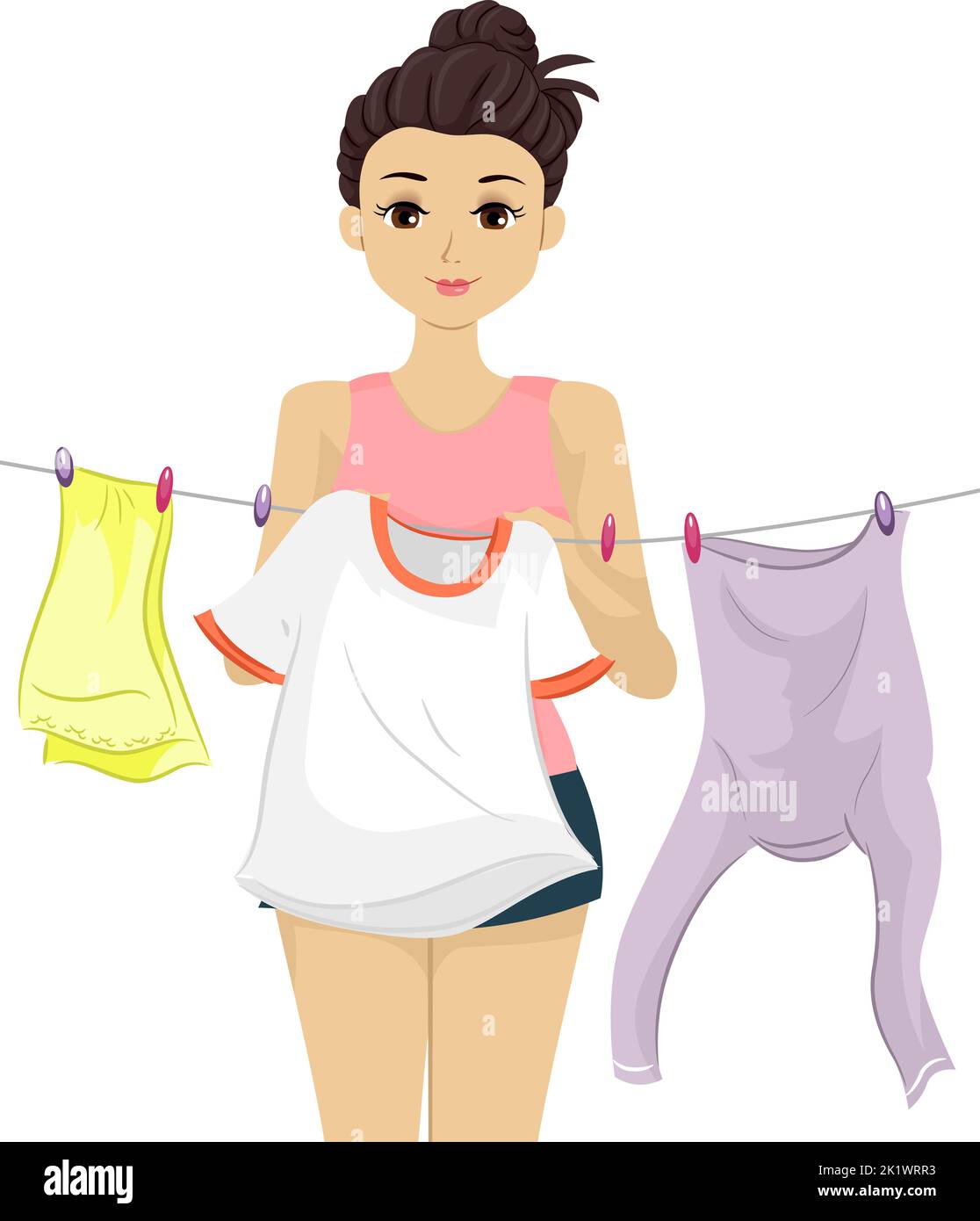 Illustrazione di ragazza adolescente che appendere vestiti appena lavati su Clothesline Foto Stock