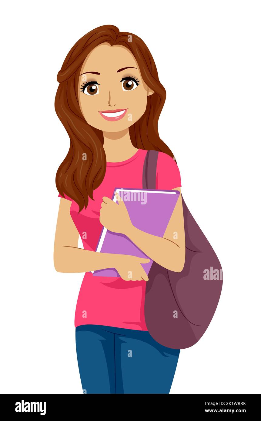 Illustrazione di ragazza adolescente ispanica con borsa della scuola e libro di tenuta Foto Stock