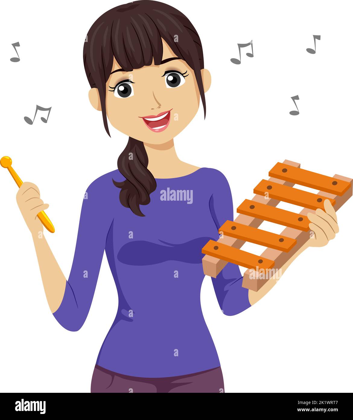 Illustrazione di una ragazza teenager che gioca a uno strumento Xylofone con note musicali che galleggiano intorno Foto Stock