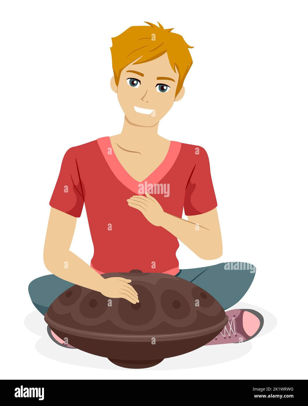 Illustrazione di Teen Guy seduto sul pavimento mentre si gioca a strumento musicale Steel Hand Pan Foto Stock