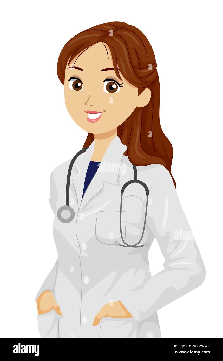 Illustrazione della giovane ragazza dottore che indossa abito bianco con stetoscopio appeso al collo Foto Stock