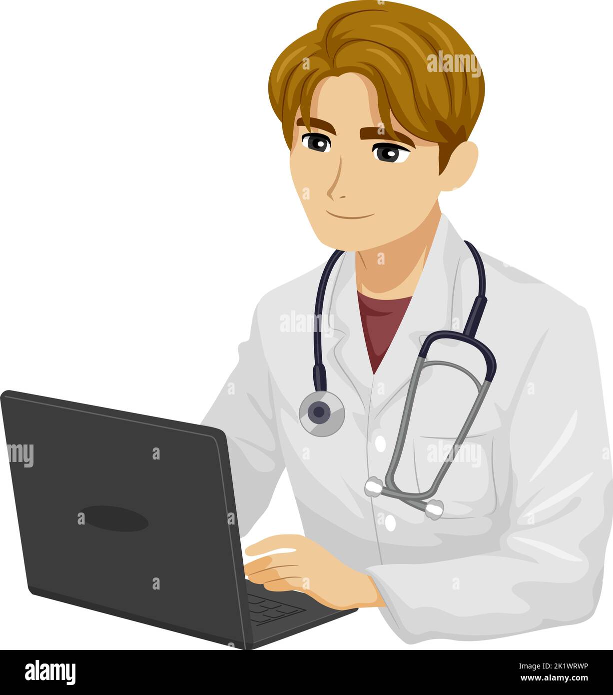 Illustrazione di Young Guy Doctor che indossa un abito bianco con stetoscopio appeso al collo e che utilizza il laptop Foto Stock