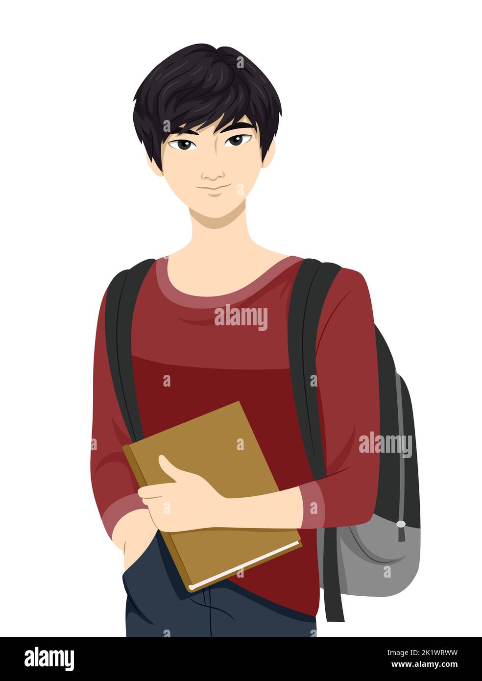 Illustrazione dello studente teen guy dell'Asia orientale con una borsa per la scuola che trasporta un libro Foto Stock