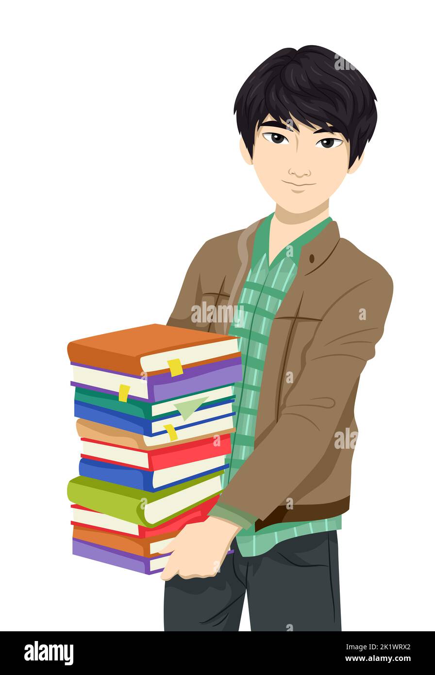 Illustrazione dello studente teen guy dell'Asia orientale che porta le pile di libri Foto Stock
