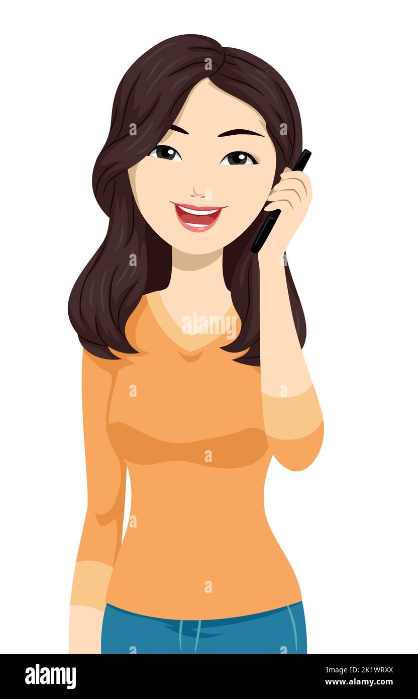 Illustrazione della ragazza adolescente dell'Asia orientale che chiama qualcuno attraverso il telefono cellulare Foto Stock