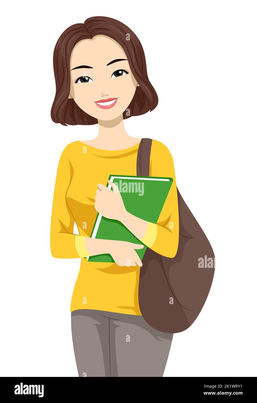 Illustrazione della studentessa asiatica d'adolescente con una borsa per la scuola e un libro Foto Stock