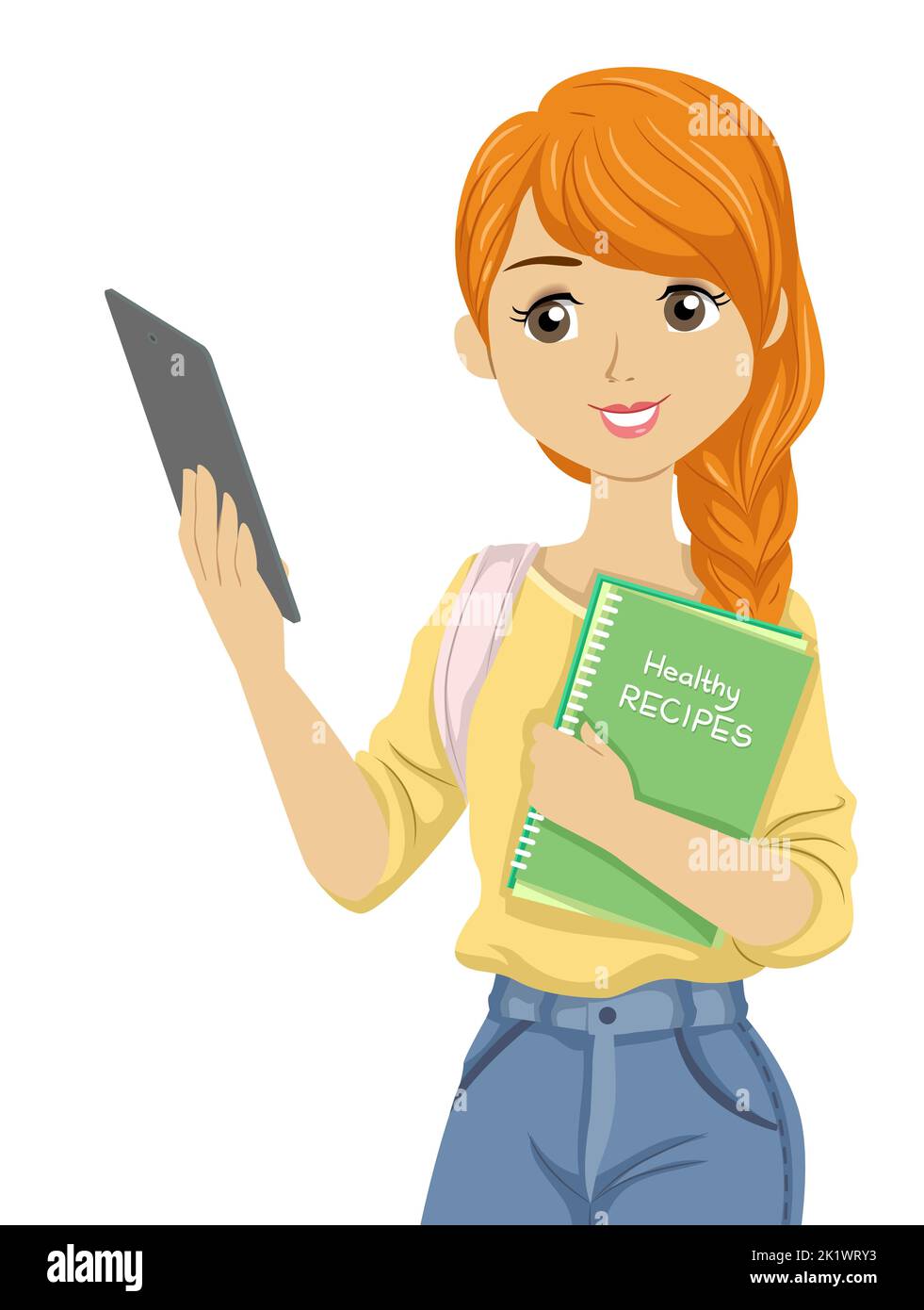 Illustrazione di ragazza teen che tiene la compressa e che trasporta un libro delle ricette sane Foto Stock