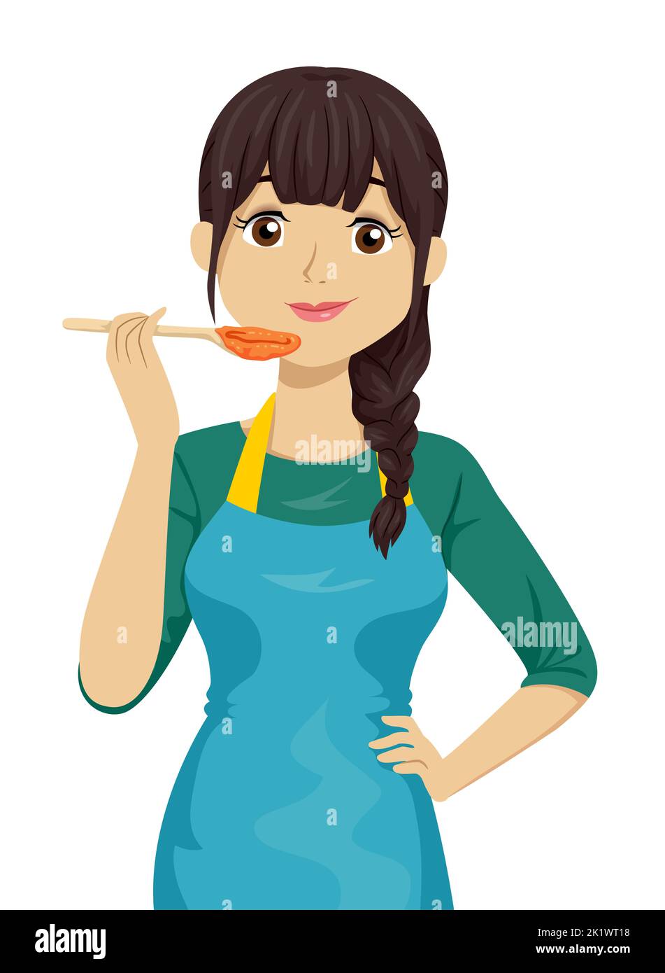 Illustrazione di una ragazza adolescente che indossa grembiule e cucchiaino, degustazione di cibo dopo la cottura Foto Stock