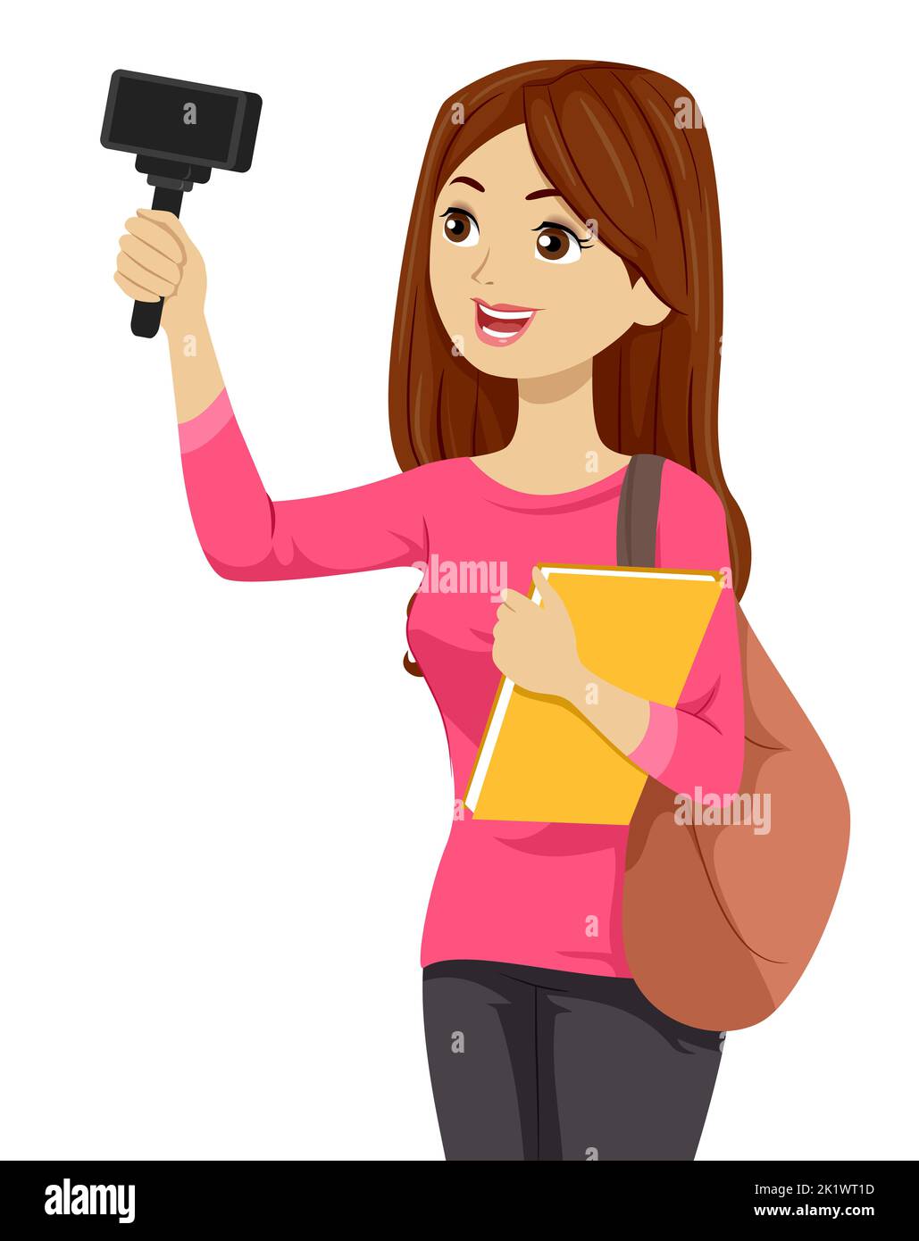 Illustrazione di Teen Girl Student con borsa e libro, tenendo Monopod e utilizzando la fotocamera del telefono cellulare per Vlog Foto Stock