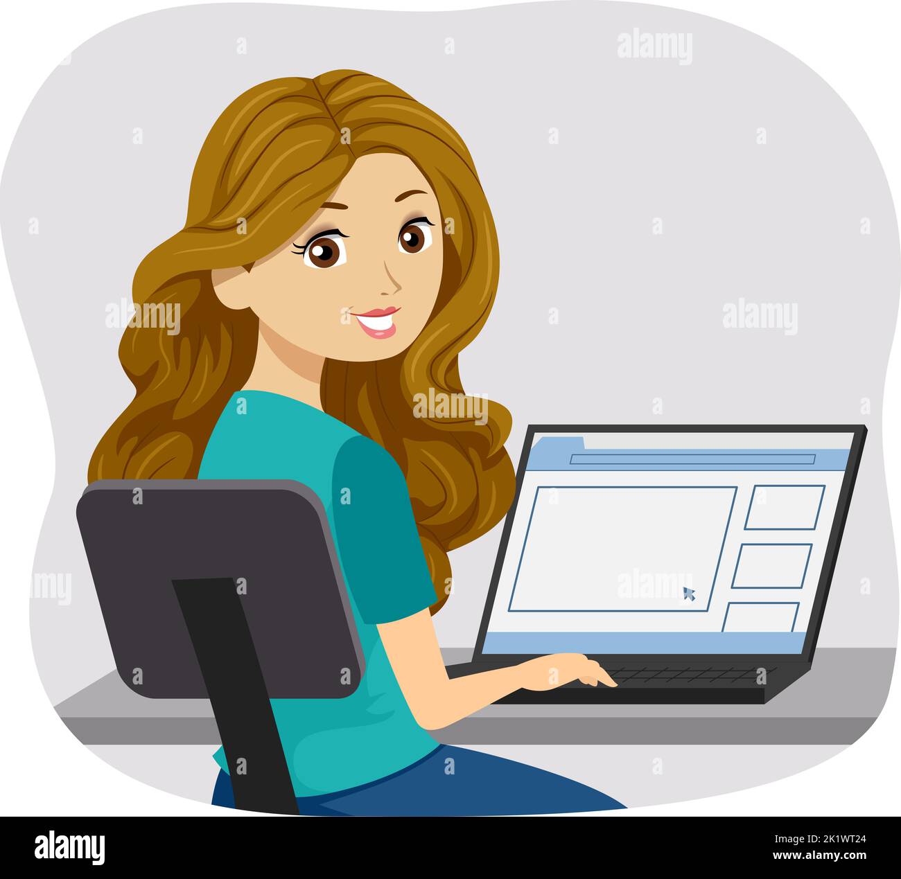 Illustrazione di una ragazza teenager seduta sulla sedia girevole e che guarda i video online sul suo laptop Foto Stock