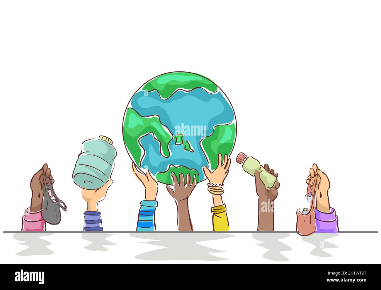 Illustrazione di diverse mani che tiene e sollevano sacchetti di plastica, bottiglia d'acqua e il pianeta Terra. Salvare e sollevare la terra Foto Stock