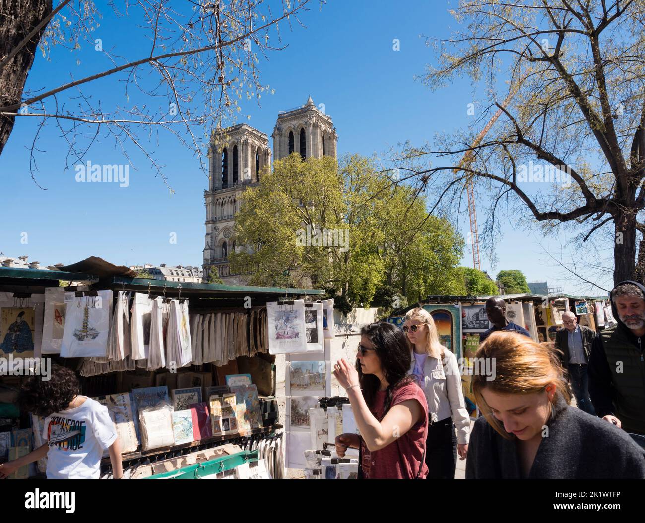 La gente sta passeggiando per le arti e le librerie del quartiere Latino intorno alla cattedrale di Notre Dame a Parigi, Francia. Foto Stock
