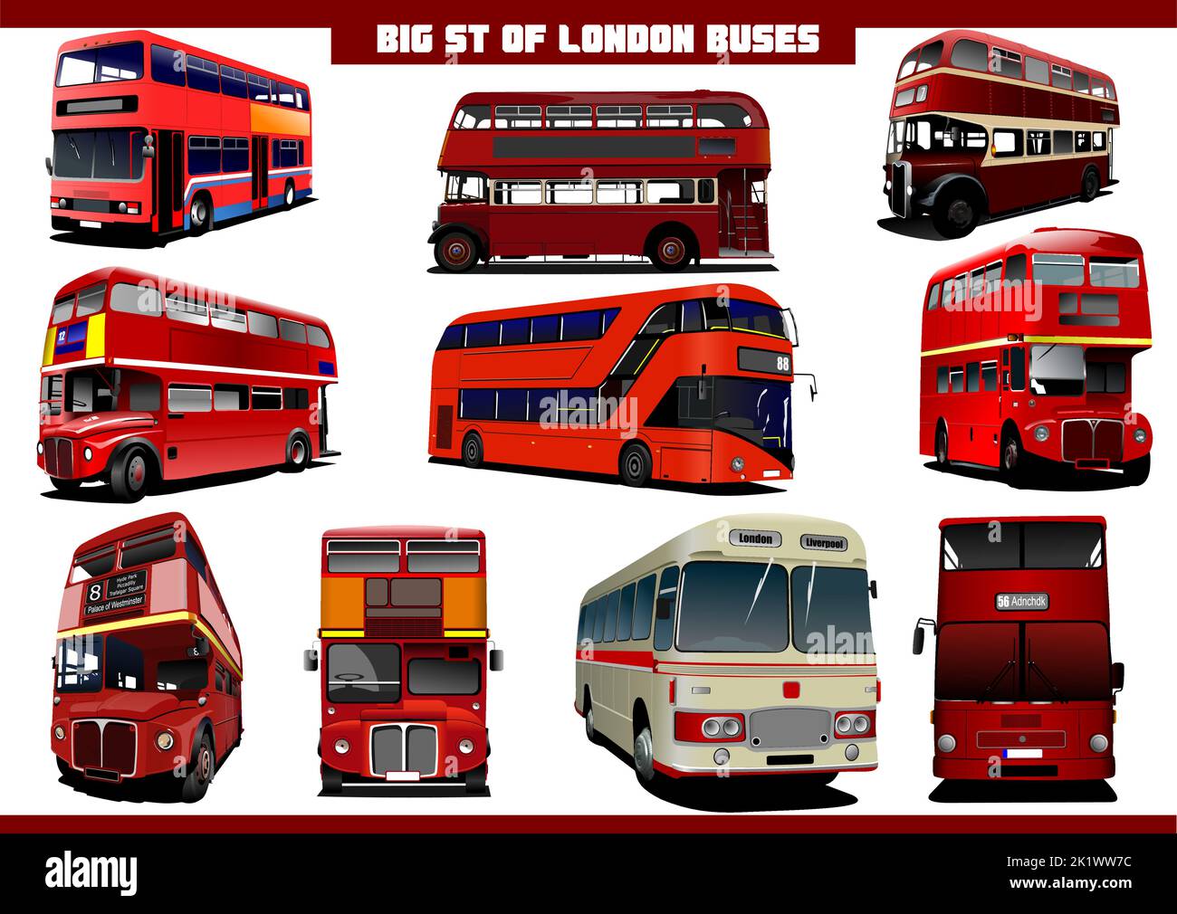 Grande set di autobus a due piani di Londra per visite turistiche in rosso. Illustrazione del vettore 3D Illustrazione Vettoriale