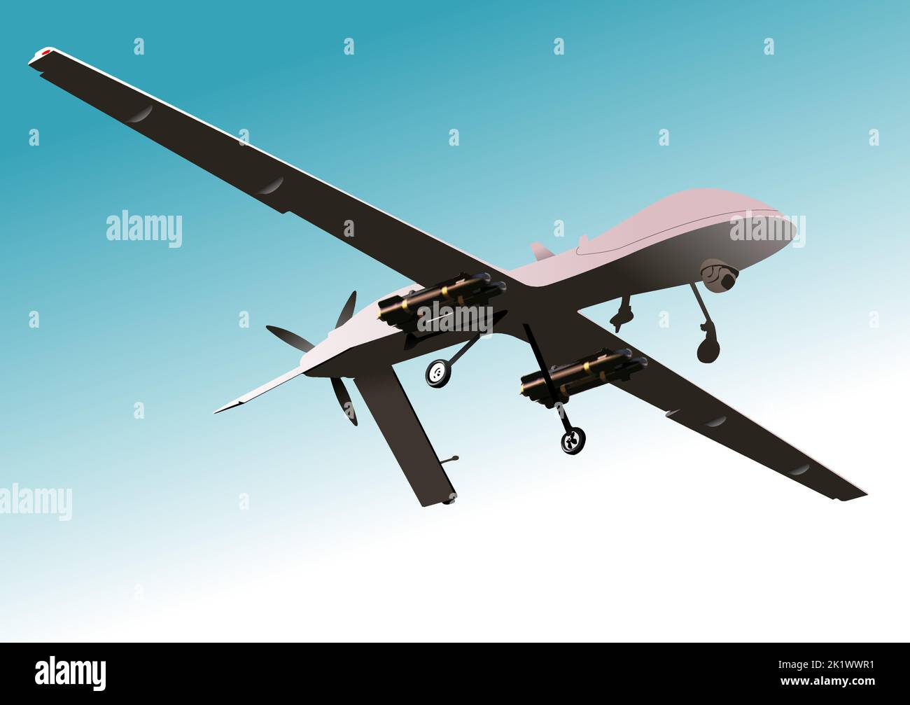 Drone militare in volo. Vista dal basso. illustrazione vettoriale a 3d colori Illustrazione Vettoriale