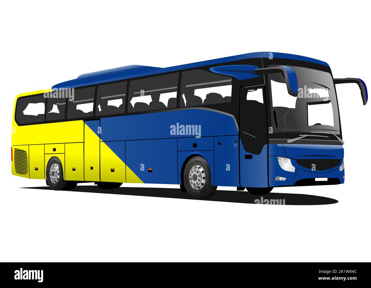 Blu-giallo turistico o autobus cittadino sulla strada. Allenatore. Illustrazione del vettore 3D Illustrazione Vettoriale