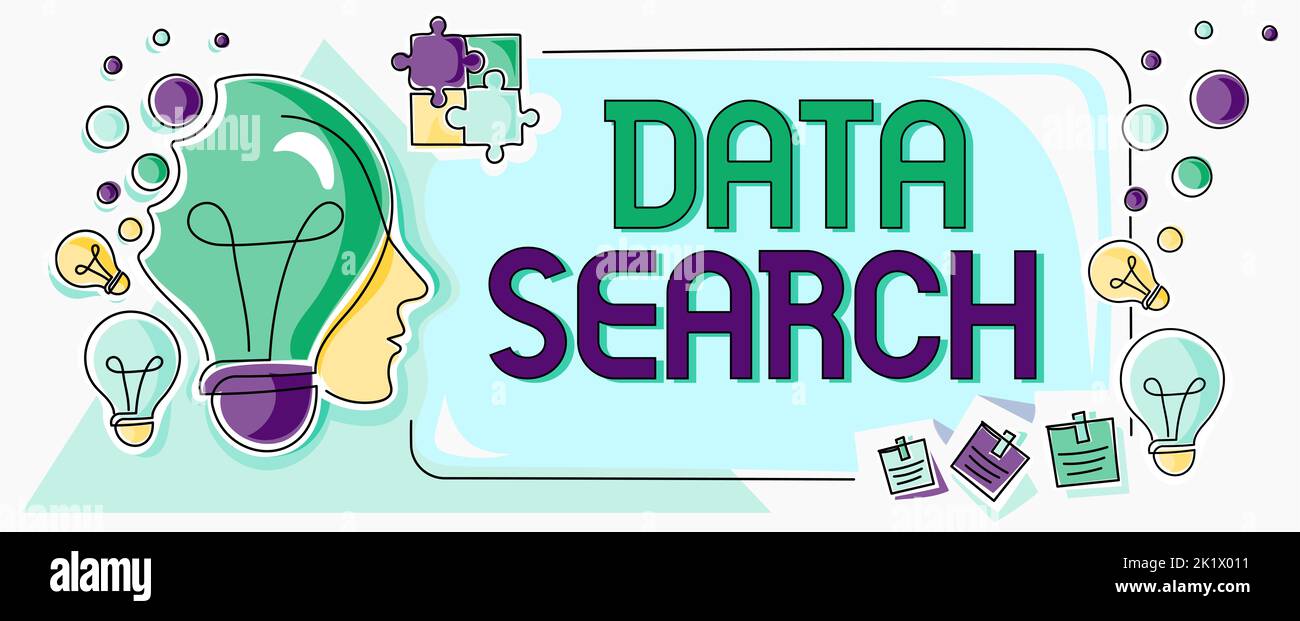 Didascalia di testo che presenta la ricerca dei dati. La panoramica aziendale raccoglie e reportistica le informazioni contengono termini specifici Foto Stock