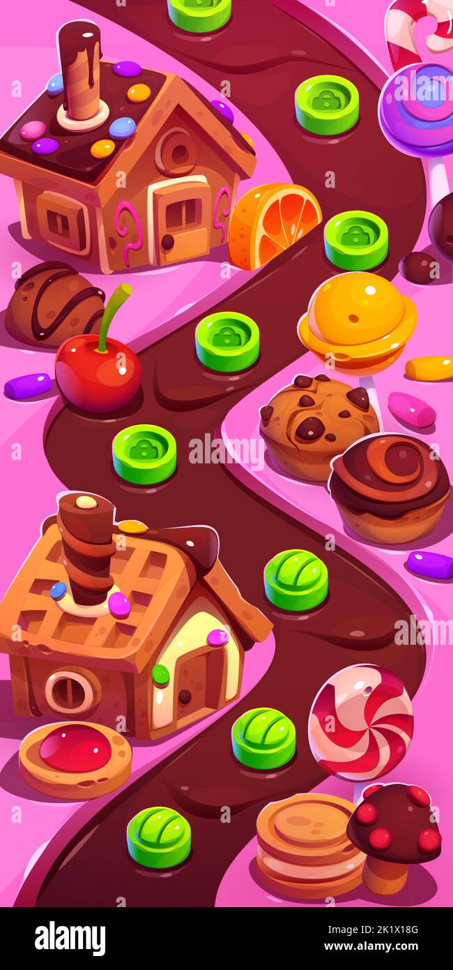 Mappa del livello ui del gioco Candy Planet. Paesaggio fantasy di cartone animato 2D con dolci, dessert e lecca al fiume del cioccolato, grafica per pc o arcade mobile, design di interfaccia di menu, illustrazione vettoriale Illustrazione Vettoriale