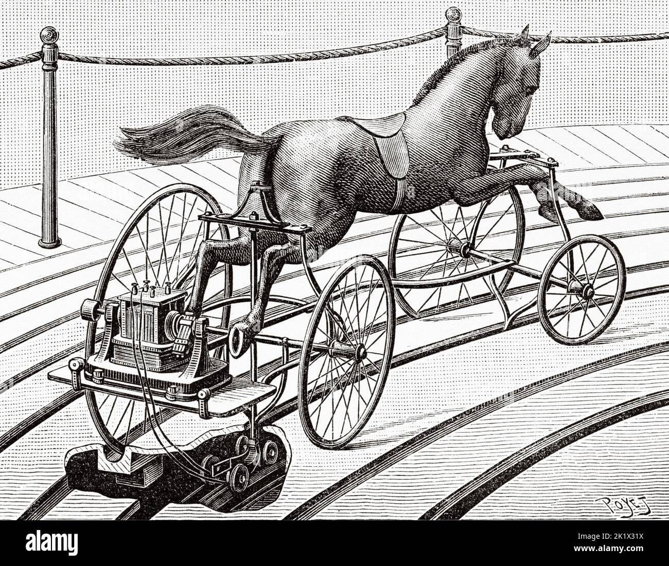 Cavallo meccanico allegro-rotondo elettrico. Vecchio 19th ° secolo illustrazione incisa da la natura 1890 Foto Stock