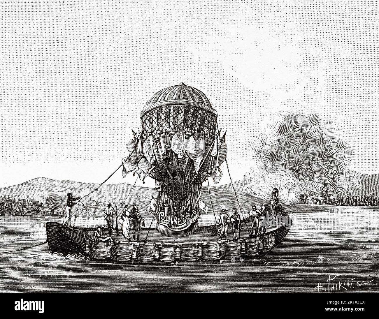 Ascesa del Balloon Garnerin fatto sulla Senna a Parigi nel 1801, Francia. Vecchio 19th ° secolo illustrazione incisa da la natura 1890 Foto Stock