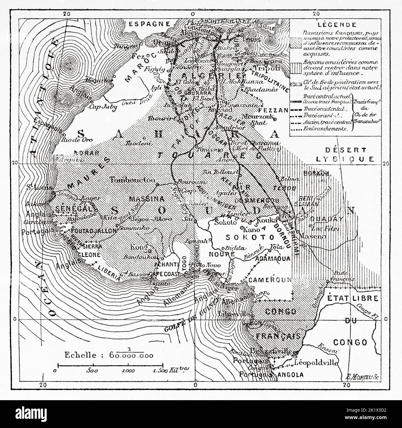 Mappa dell'Africa francese e le principali tracce delle ferrovie trans-sahariane, l'Africa. Vecchio 19th ° secolo illustrazione incisa da la natura 1890 Foto Stock