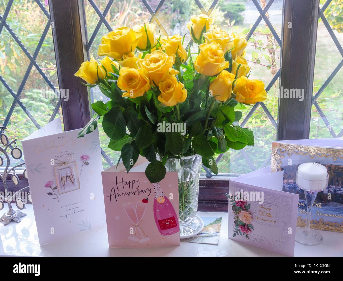 Un vaso di rose gialle su un davanzale della finestra del salone con le schede di anniversario di nozze. Foto Stock