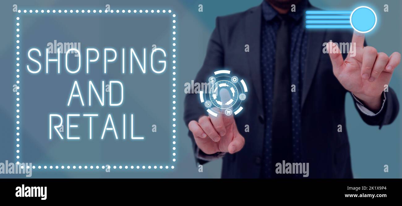 Didascalia di testo che presenta Shopping e Retail. Approccio aziendale processo di vendita di servizi per beni di consumo ai clienti Foto Stock