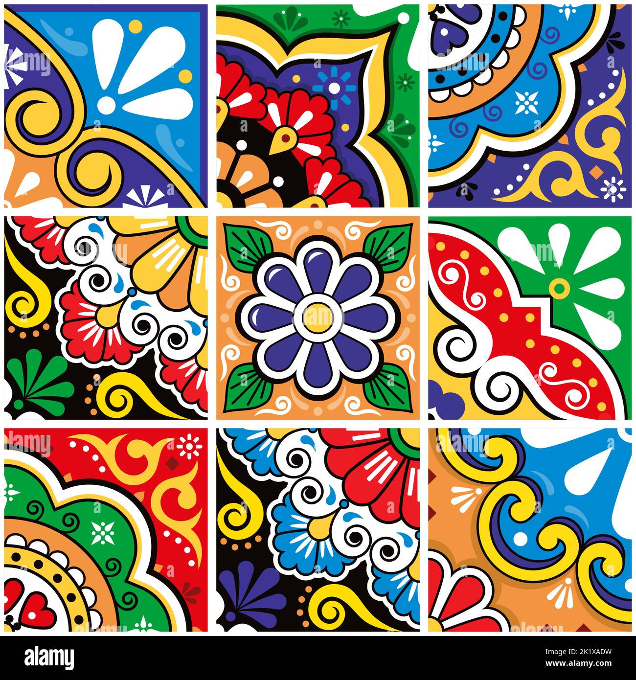 Set di piastrelle decorative messicane talavera - motivo vettoriale senza cuciture, collezione di disegni colorati retrò con fiori e forme geometriche Illustrazione Vettoriale