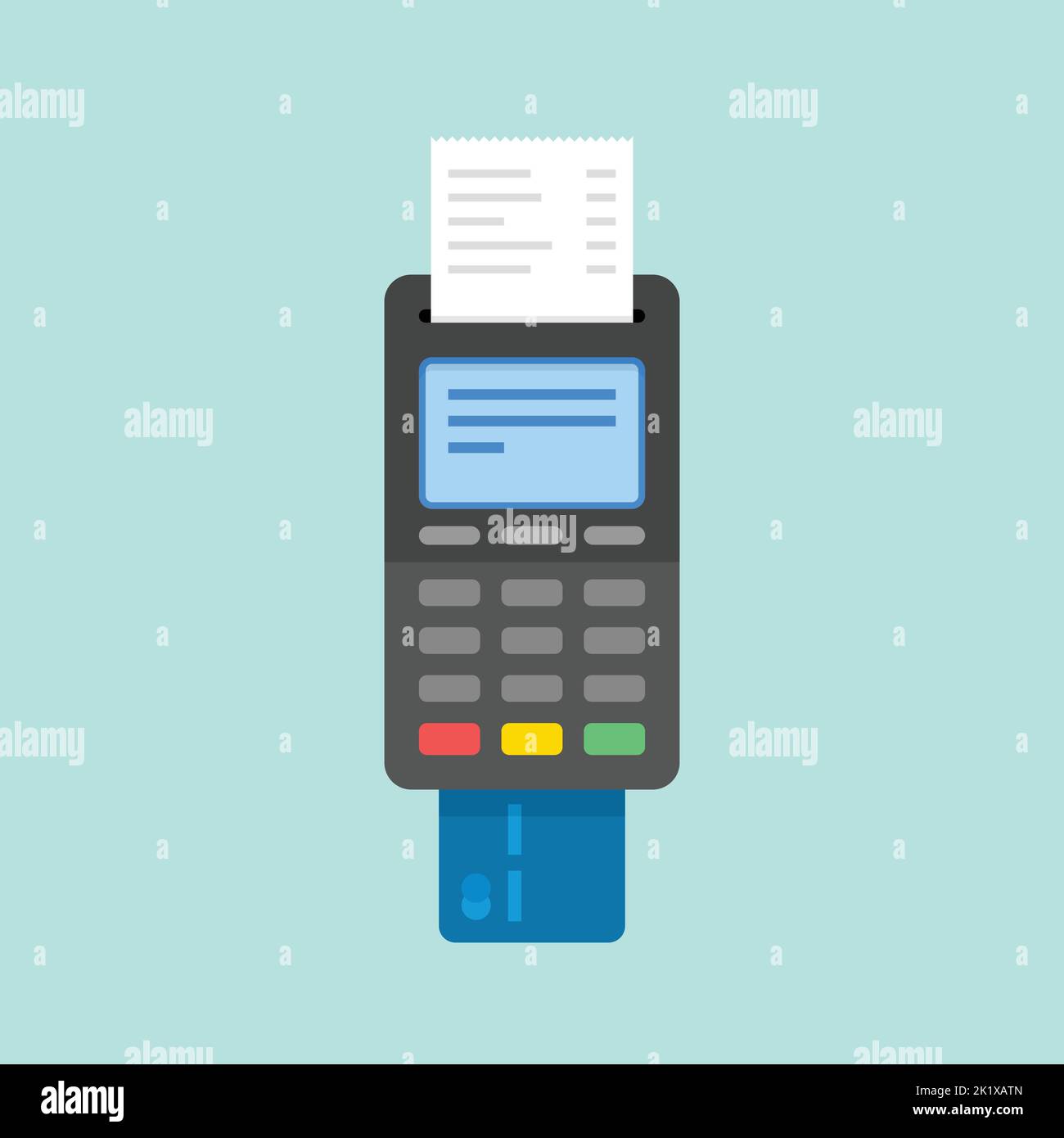 Pagamento tramite carta di credito con terminale POS. Figura piana. Illustrazione Vettoriale