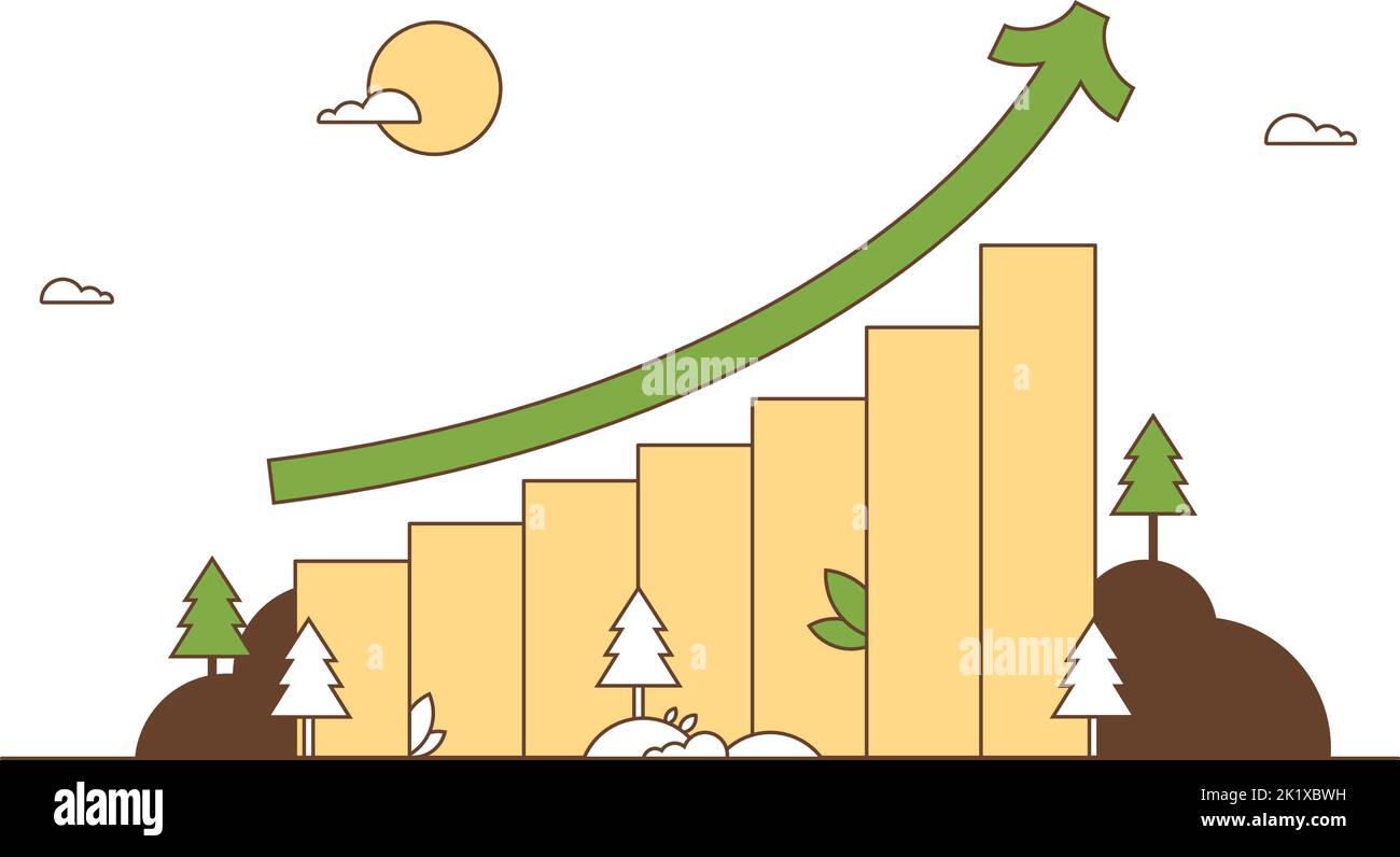 Grafico a barre ecologico verde in crescita con una freccia nella natura Illustrazione Vettoriale