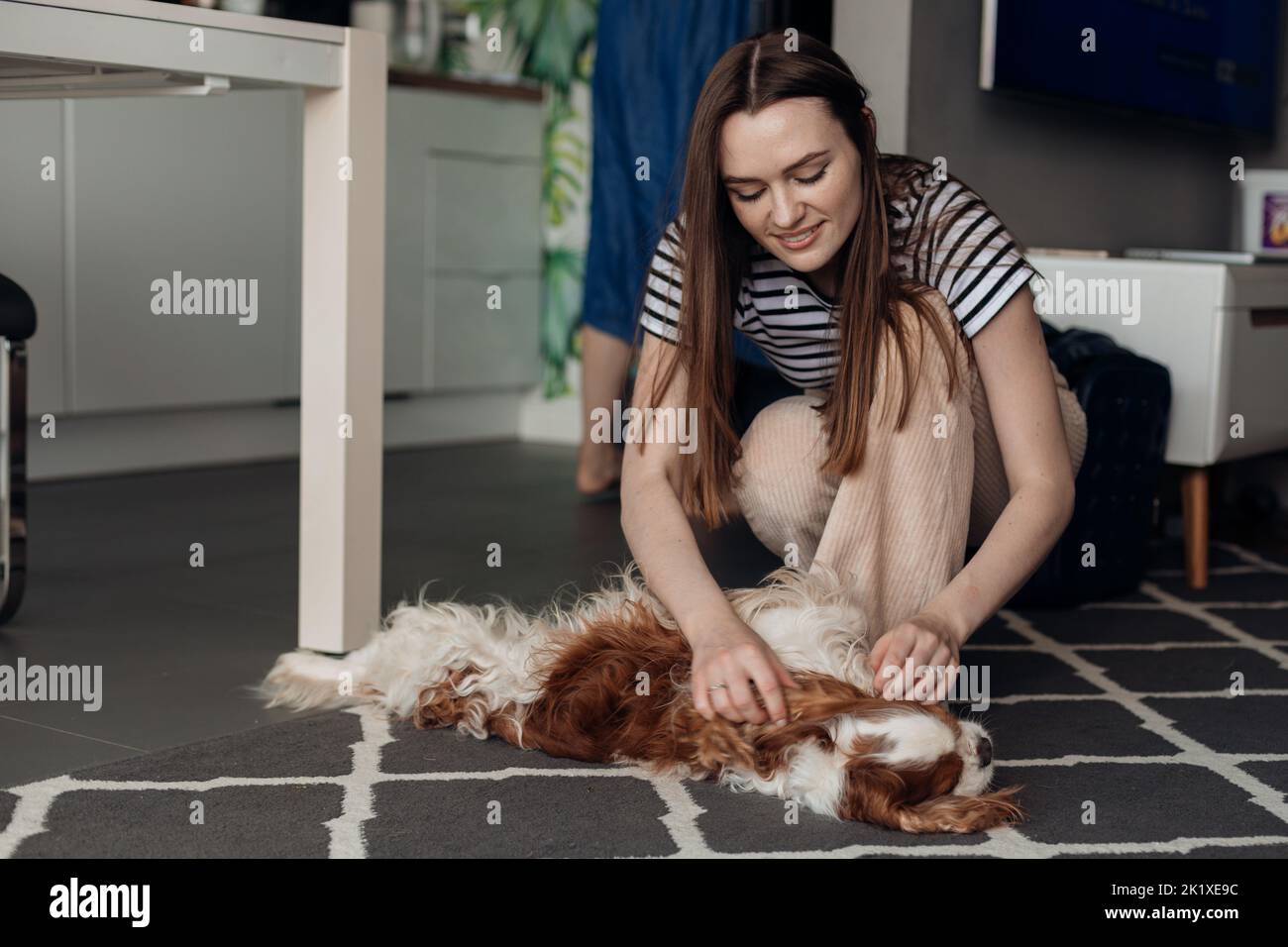 Giovane donna dai capelli lunghi e scuri sorridente, sorridente, allegra che stropica, gioca con l'amato cane animale. PET salute cura, governare a casa Foto Stock