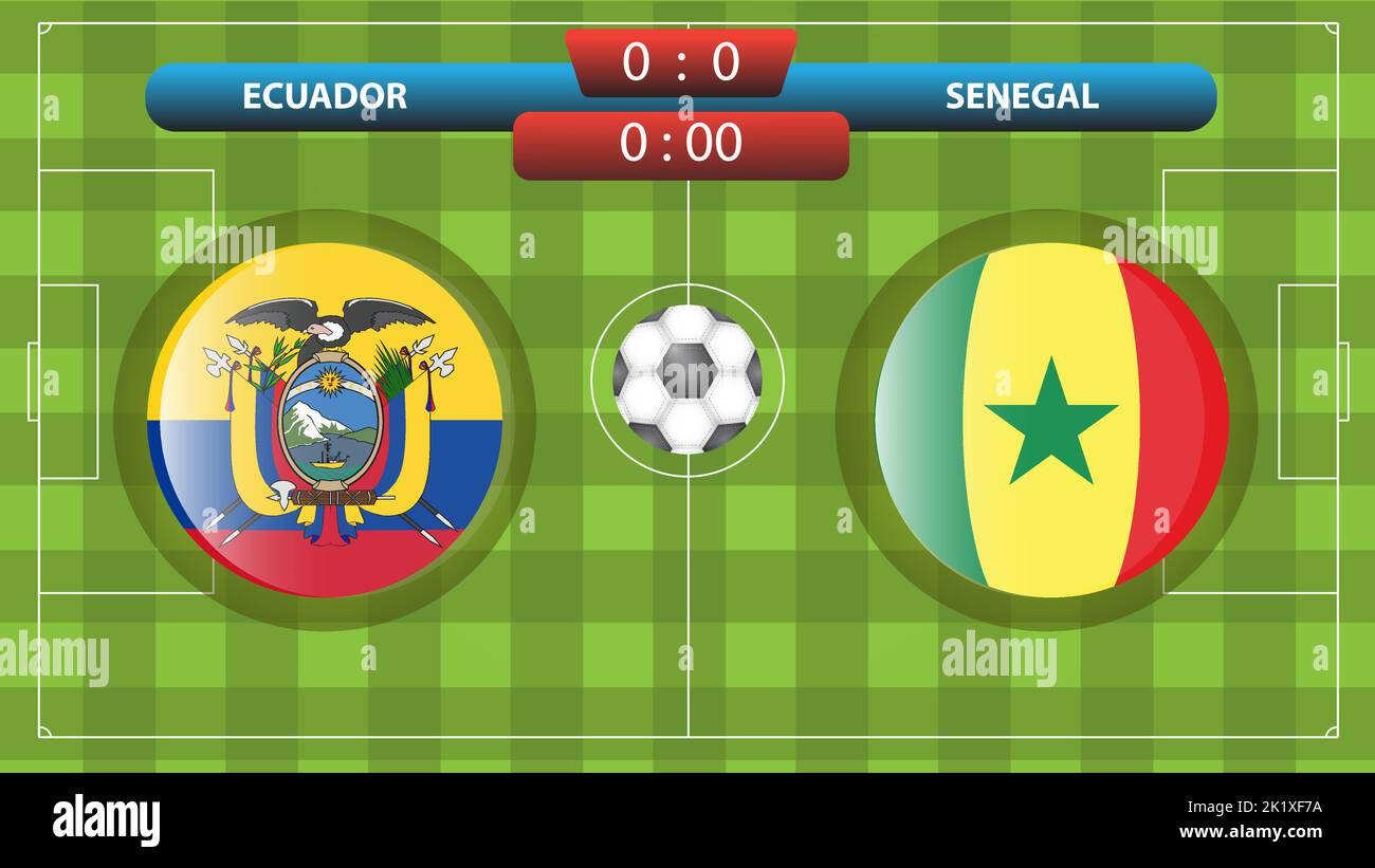 Modello di segnapunti Ecuador vs Senegal per la competizione di calcio. Illustrazione vettoriale. Modello sportivo. Illustrazione Vettoriale