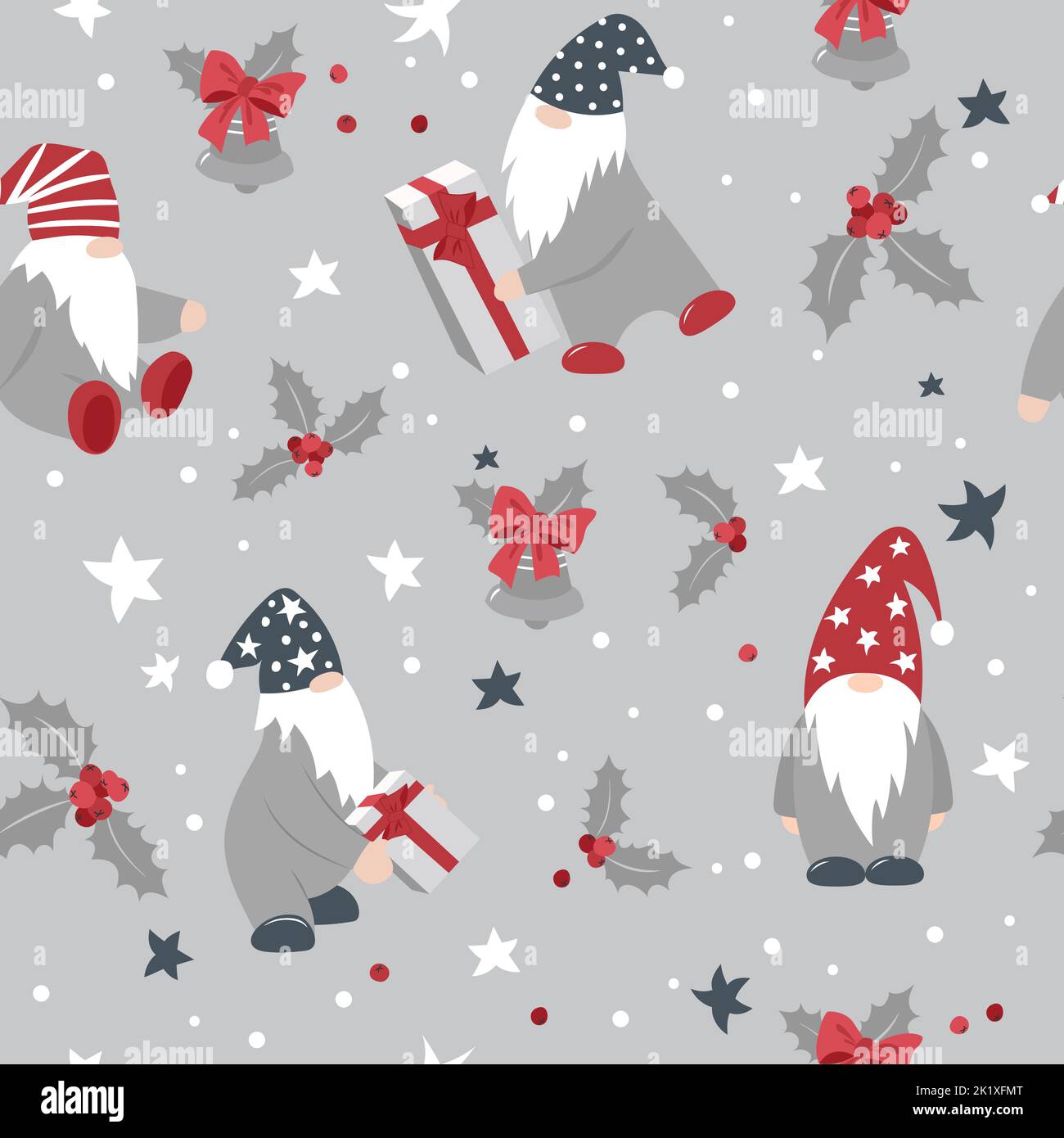 Cute modello di Natale con nani, campane di Natale e regali. Ripetizione senza giunture. Illustrazione Vettoriale