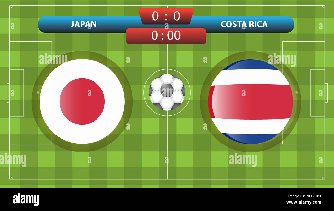 Annuncio della partita tra Giappone e Costa Rica nell'ambito del concorso internazionale di calcio. Illustrazione vettoriale. Modello sportivo. Illustrazione Vettoriale