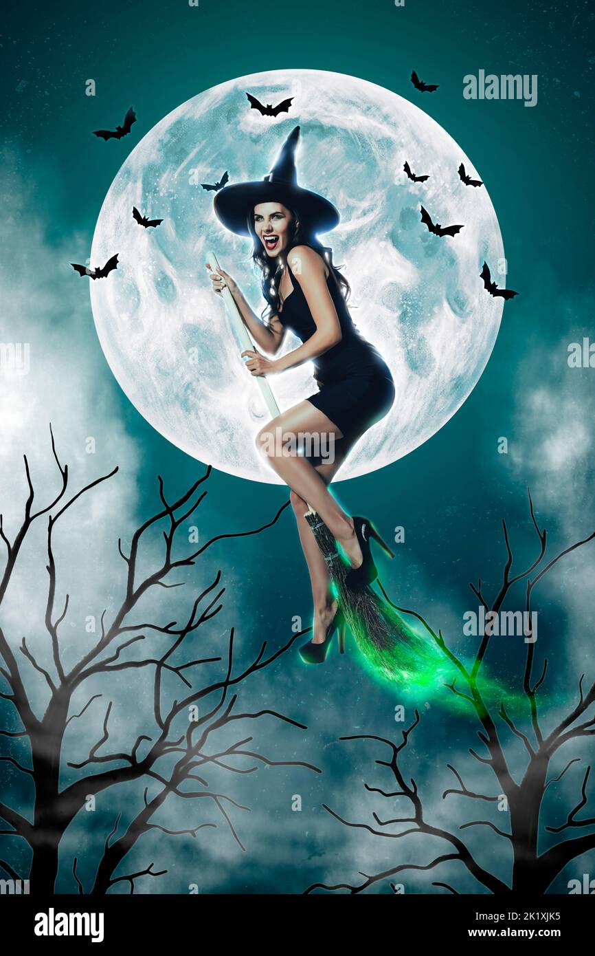 Concepto Di Strega Di Halloween - Piccola Strega Caucasica Che Vola Su Una Scopa Magica Su Uno