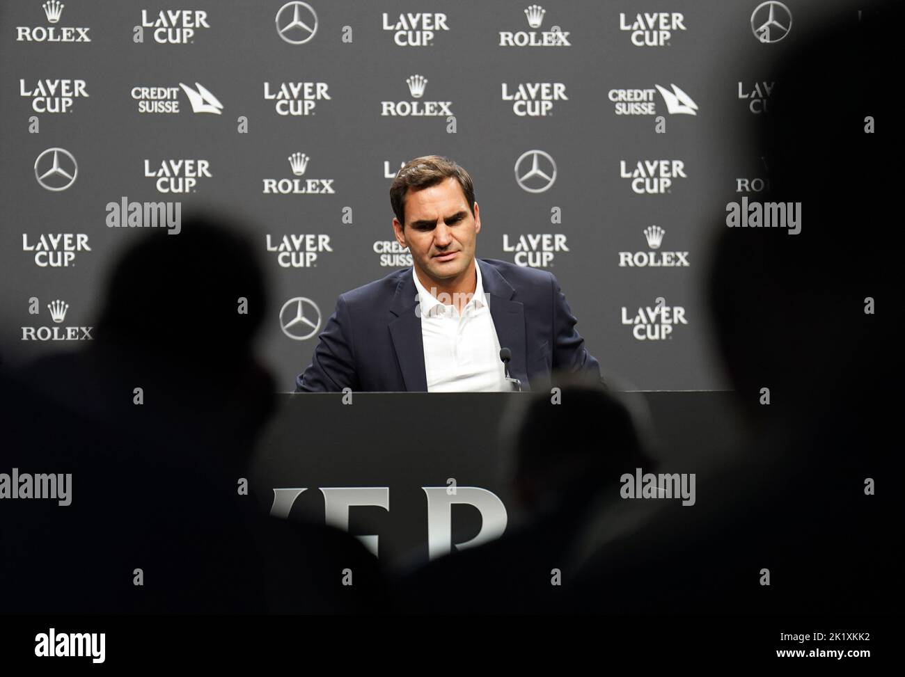 Roger Federer alla 02 Arena, Londra. Il 20 volte campione del Gran Slam ha annunciato la scorsa settimana che avrebbe portato a termine la sua carriera professionale di tennis dopo la Laver Cup che inizia a Londra il venerdì. Data immagine: Mercoledì 21 settembre 2022. Foto Stock