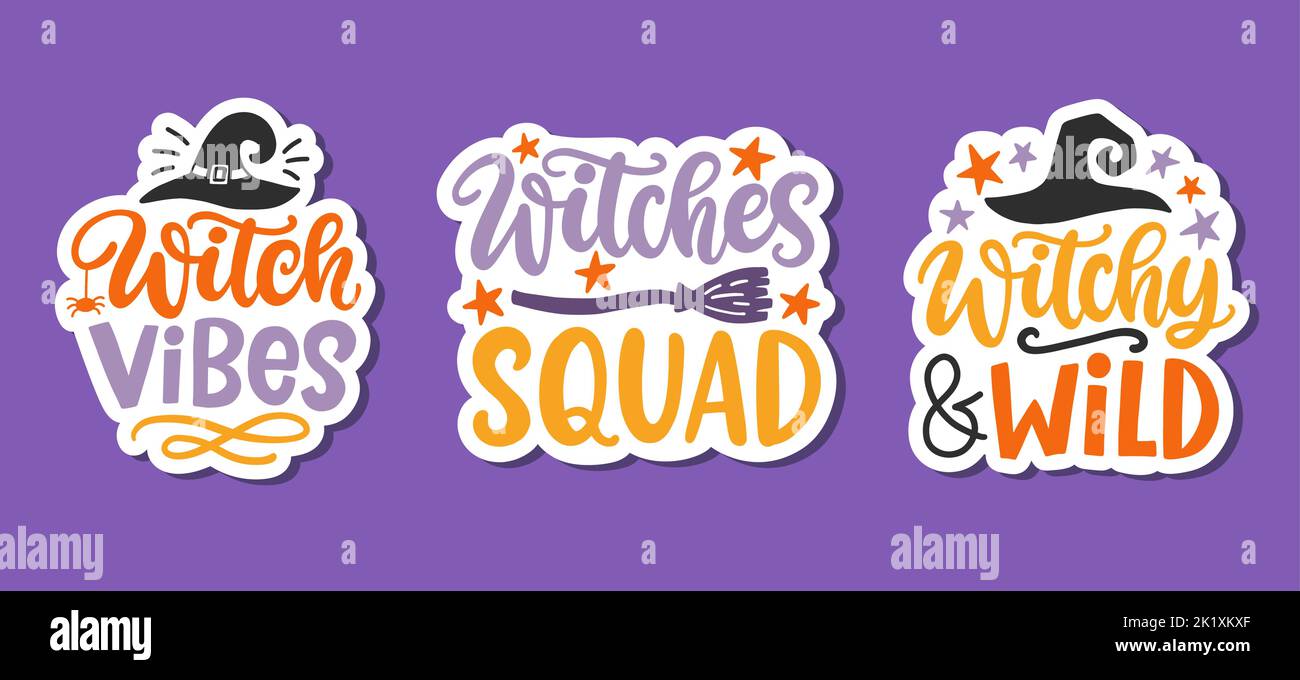 Witch Vibes, Witches Squad Inscription Stickers Set Illustrazione Vettoriale