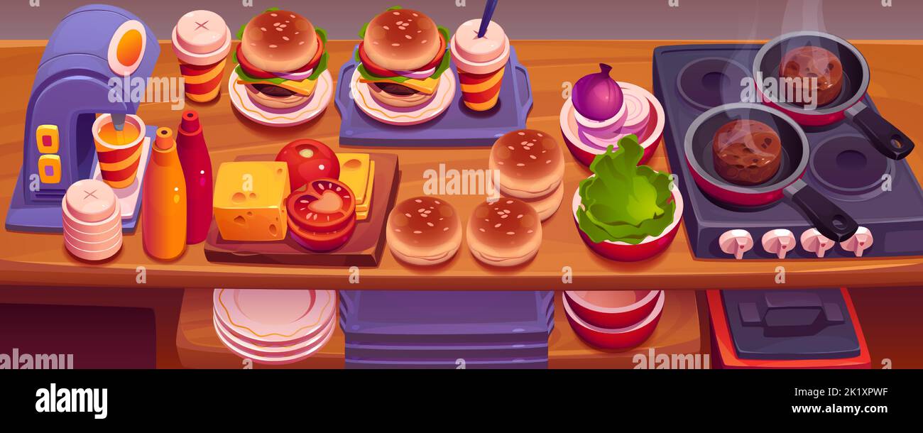 Fast food cucina ristorante con hamburger, piano cottura con padella, piatti, vassoi, prodotti e macchina per il succo su banco di legno. Vista dall'alto degli hamburger cucinati nel cafe', illustrazione di cartoni animati vettoriali Illustrazione Vettoriale