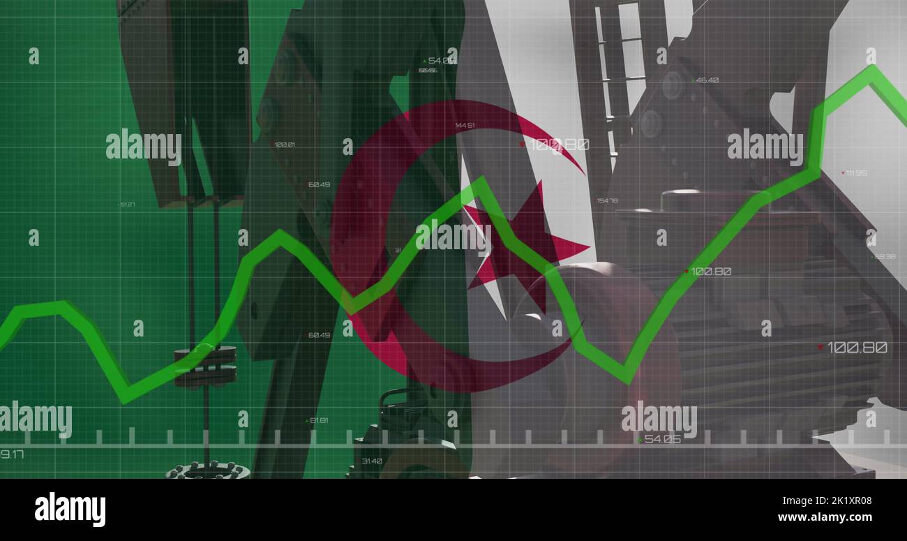 Immagine del trattamento dei dati finanziari e bandiera dell'algeria sulla pompa dell'olio Foto Stock