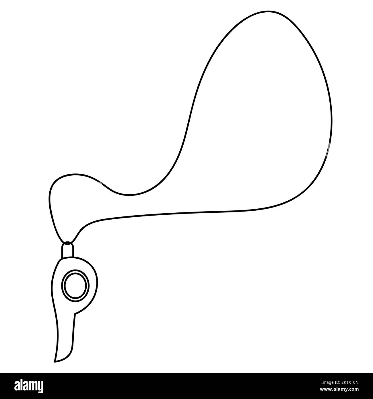 Fischio dell'allenatore su una stringa di scarpe. Schizzo. Attrezzature sportive per l'allenamento. Illustrazione vettoriale. Strumento per l'emissione di un segnale audio. Libro da colorare Illustrazione Vettoriale