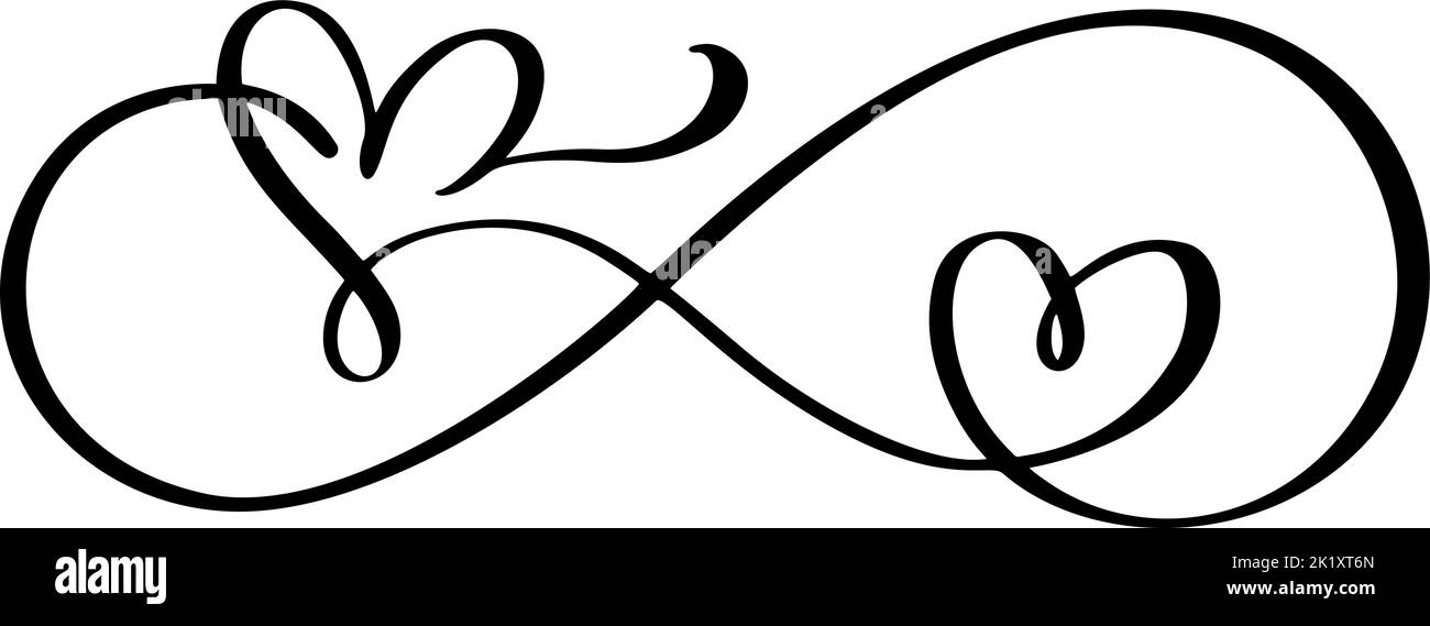 Logo vettore d'amore a due cuori in segno di infinito. Firma su cartolina a San Valentino, stampa di nozze. calligraphy ed illustrazione di scrittura isolata sopra Illustrazione Vettoriale