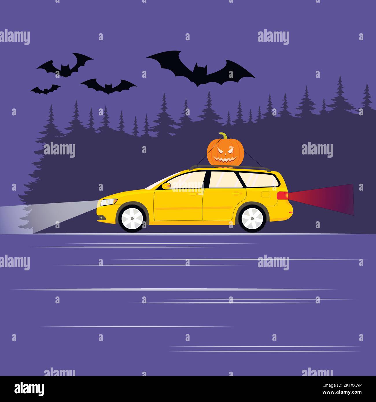 Un'auto porta una zucca per Halloween sullo sfondo di una foresta notturna e pipistrelli. Illustrazione Vettoriale