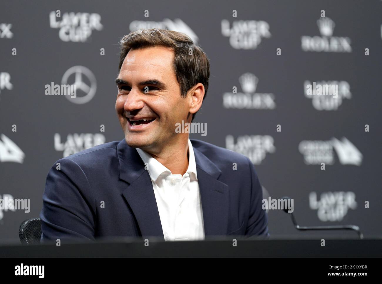 Roger Federer alla 02 Arena, Londra. Il 20 volte campione del Gran Slam ha annunciato la scorsa settimana che avrebbe portato a termine la sua carriera professionale di tennis dopo la Laver Cup che inizia a Londra il venerdì. Data immagine: Mercoledì 21 settembre 2022. Foto Stock