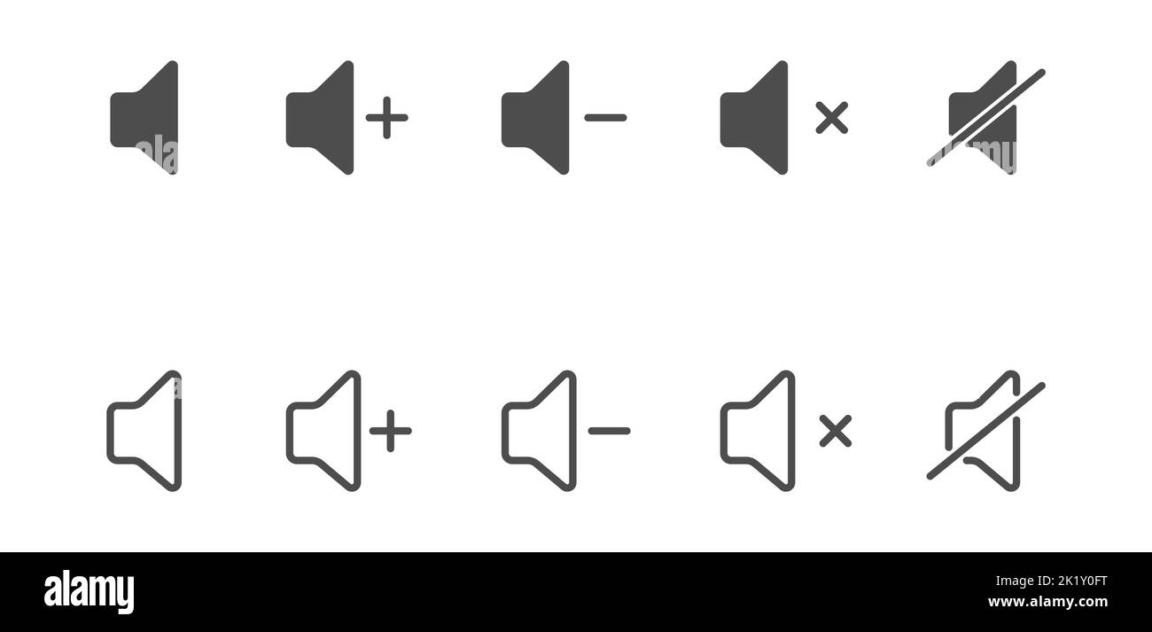 Icona del volume. Controlli audio. Una serie di simboli per il volume e l'interfaccia di controllo. Contorno vuoto e silhouette piena, stile piatto. Illustrazione Vettoriale