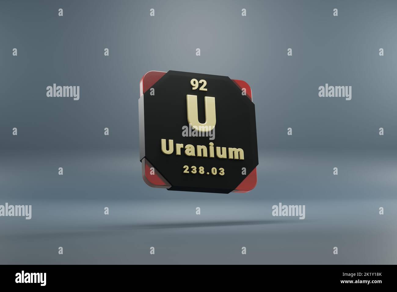 Belle illustrazioni astratte in piedi nero e rosso uranio elemento della tavola periodica. Design moderno con elementi dorati, 3D renderillus Foto Stock