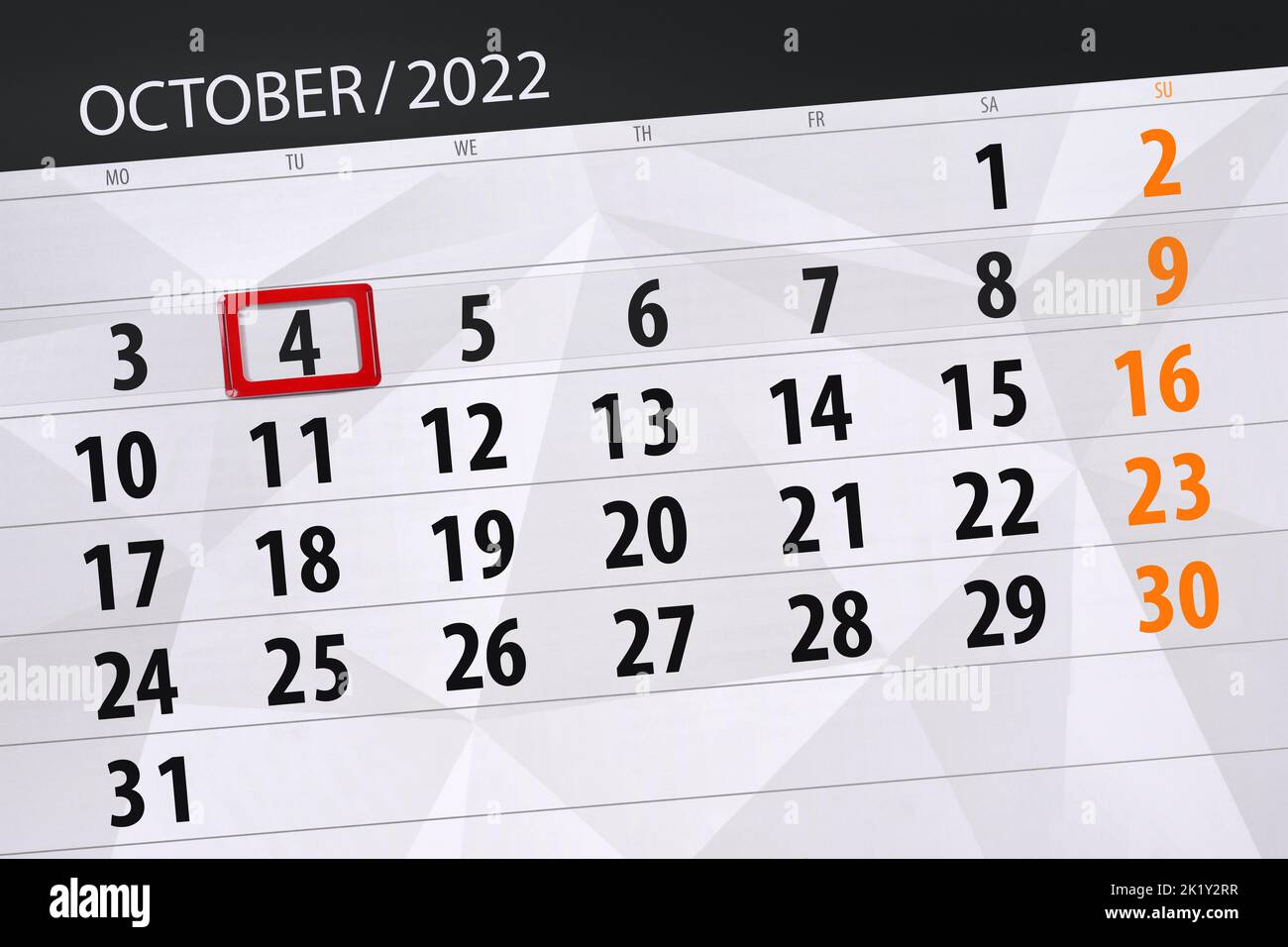 Calendario 2022, scadenza, giorno, mese, pagina, organizzatore, data, ottobre, martedì, numero 4. Foto Stock