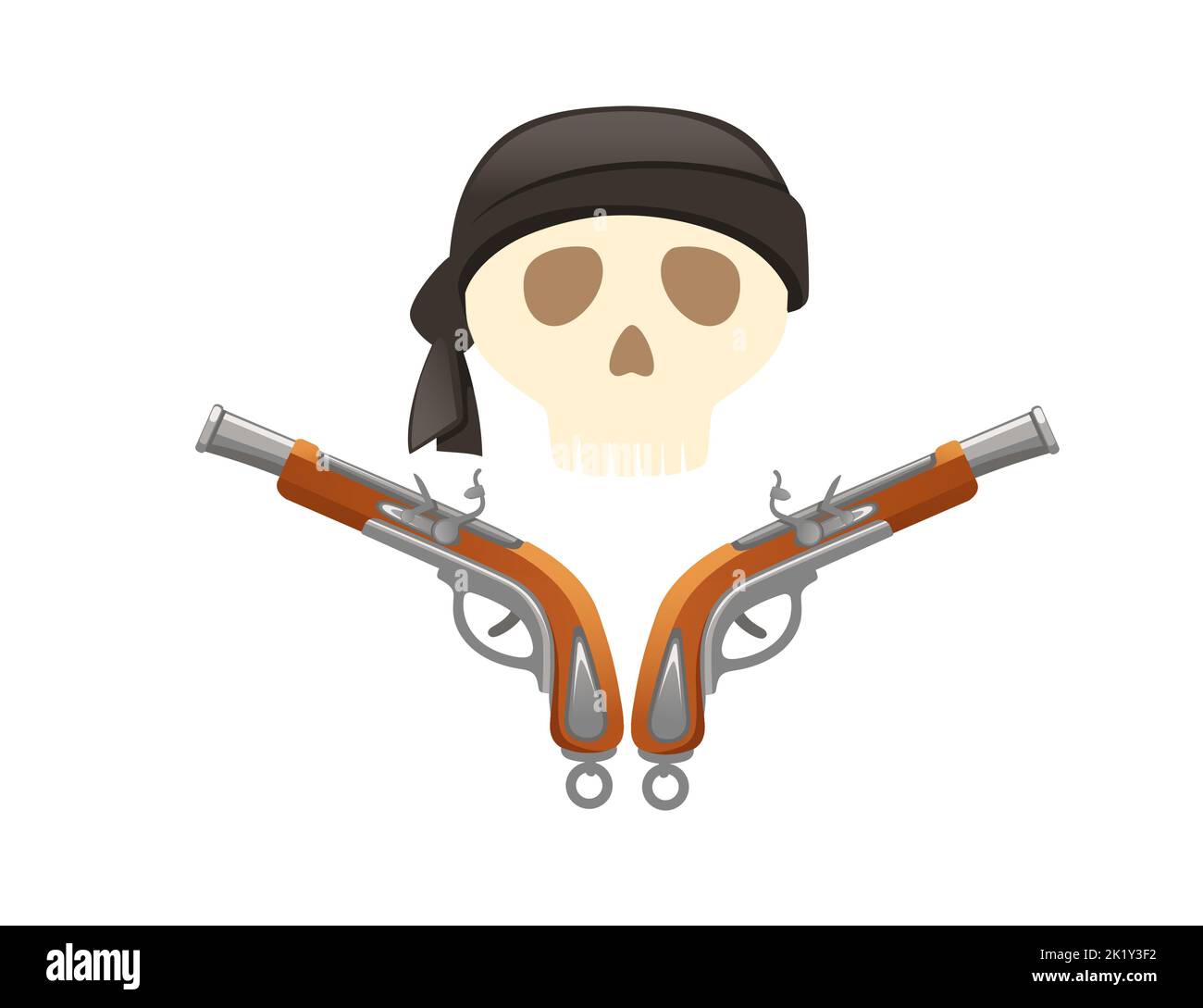 Cranio con bandana nera e pistole vettoriali su sfondo bianco Illustrazione Vettoriale