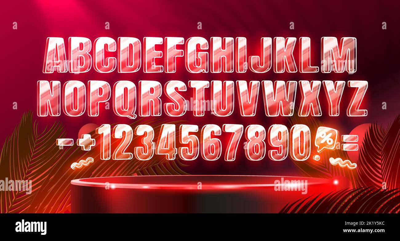 Font neon colore rosso, carattere retrò luminoso, alfabeto futuristico. Illustrazione vettoriale Illustrazione Vettoriale